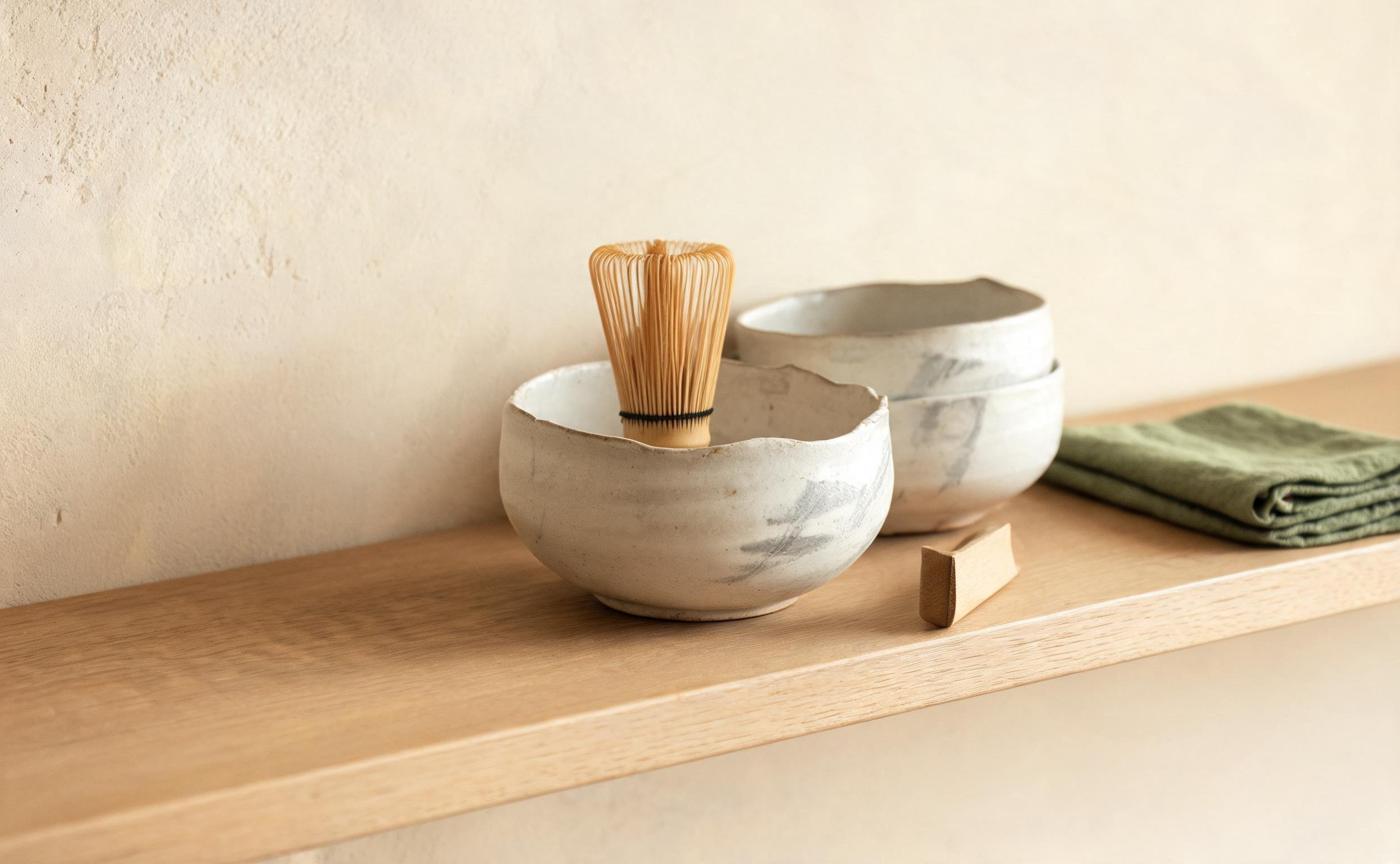 Stoneware bowl and bamboo whisk