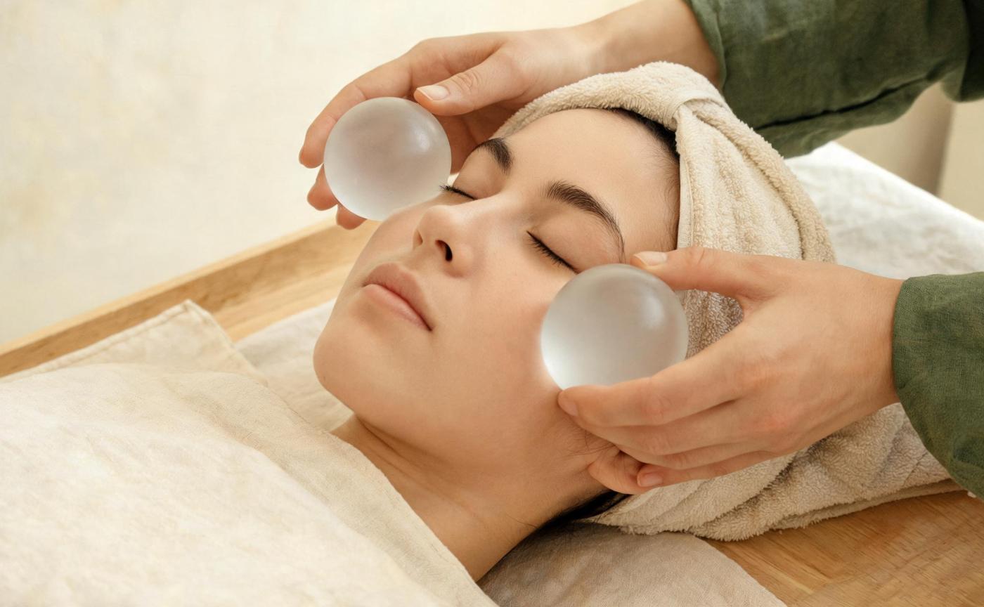 Calm direction: frosted glass cooling globes on the cheekbones