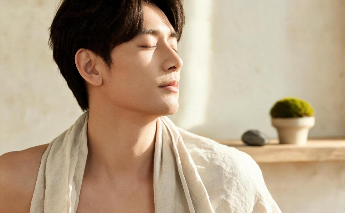Radiance direction: a man with luminous skin, eyes closed, in warm window light