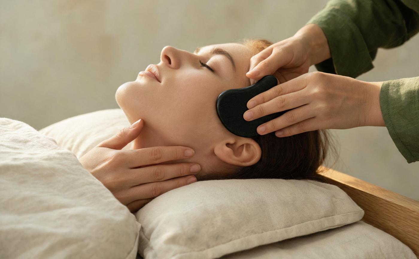 Firmness direction: basalt gua sha along the jawline