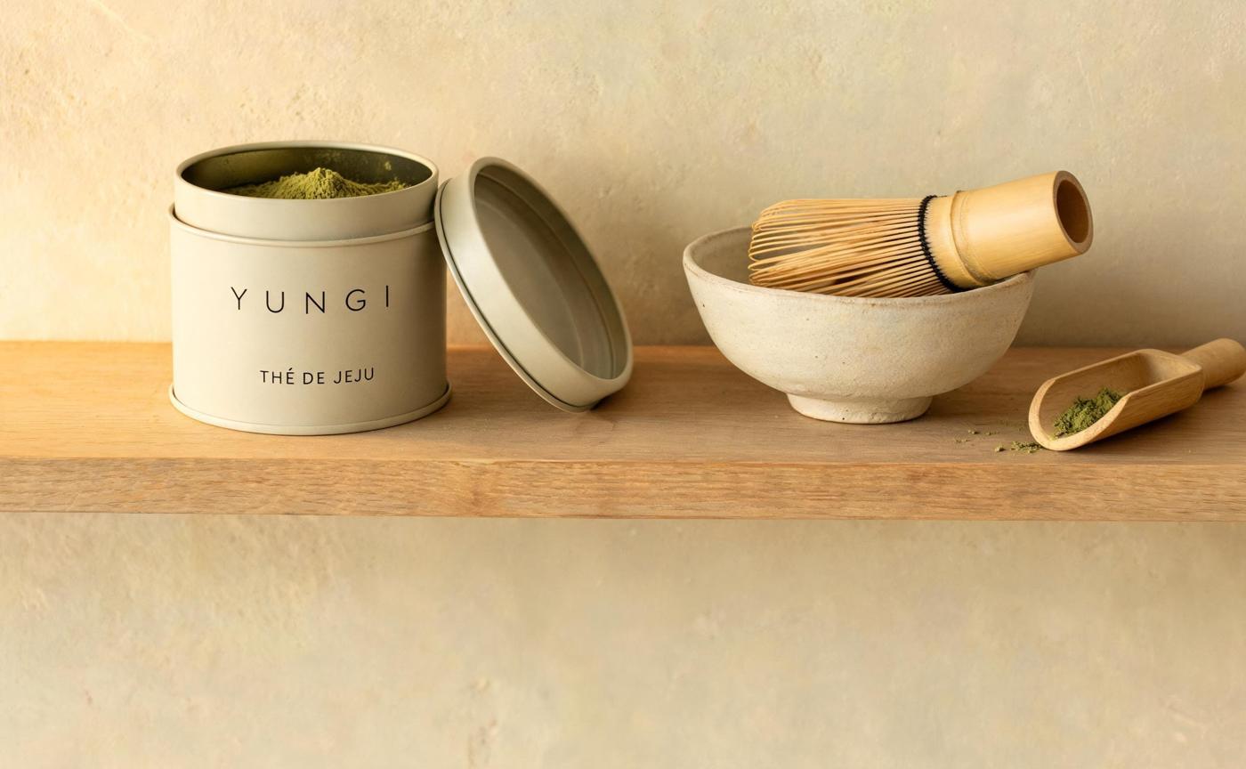 Jeju green tea tin and stoneware bowl