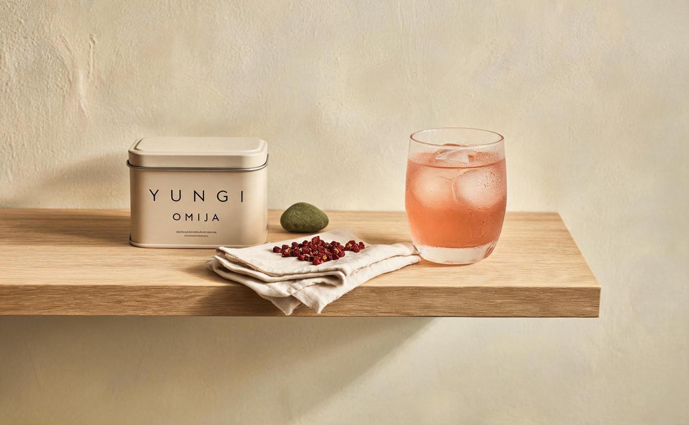 Omija tea tin and an iced glass